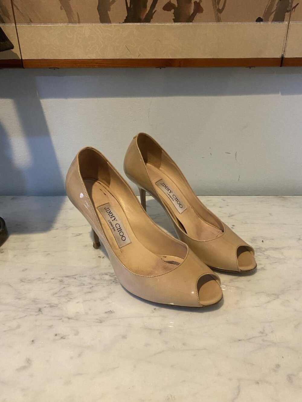 Jimmy Choo Shoes Womens Size 5.5 Beige Patent Peep Toe High Heel Pumps Italy